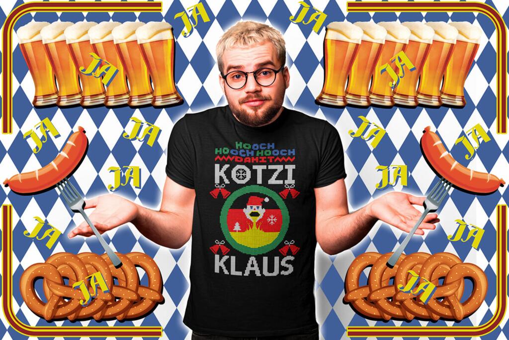 Young german man standing in front of bavarian beer and wurst layout wearing black t-shirt with KOTZI KLAUS design by © 2021 funnydrinking.com