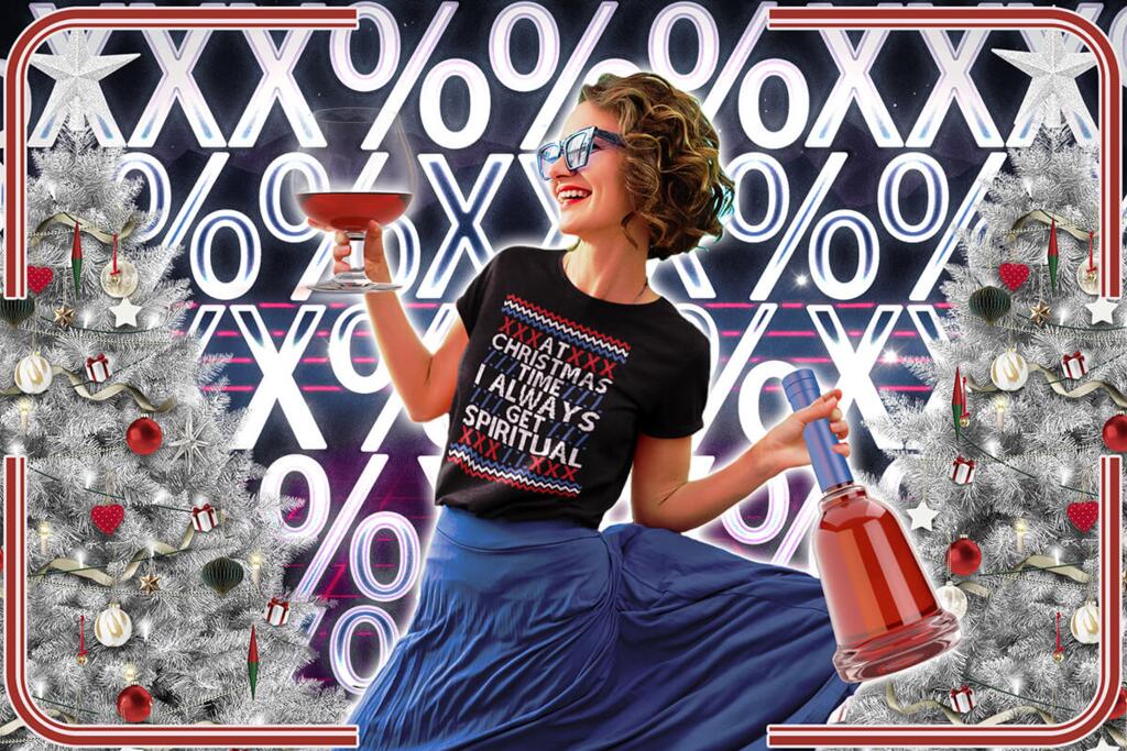 Young woman holding a big glas and bottle of high-proof spirit wearing a black t-shirt with SPIRITUAL design by © 2021 funnydrinking.com