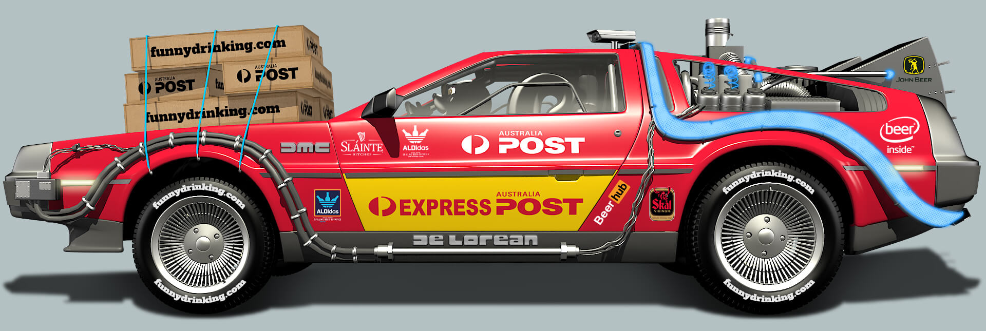 DeLorean DMC with AUSTRALIA POST layer and Drunk Skunk design by © 2021 funnydrinking.com