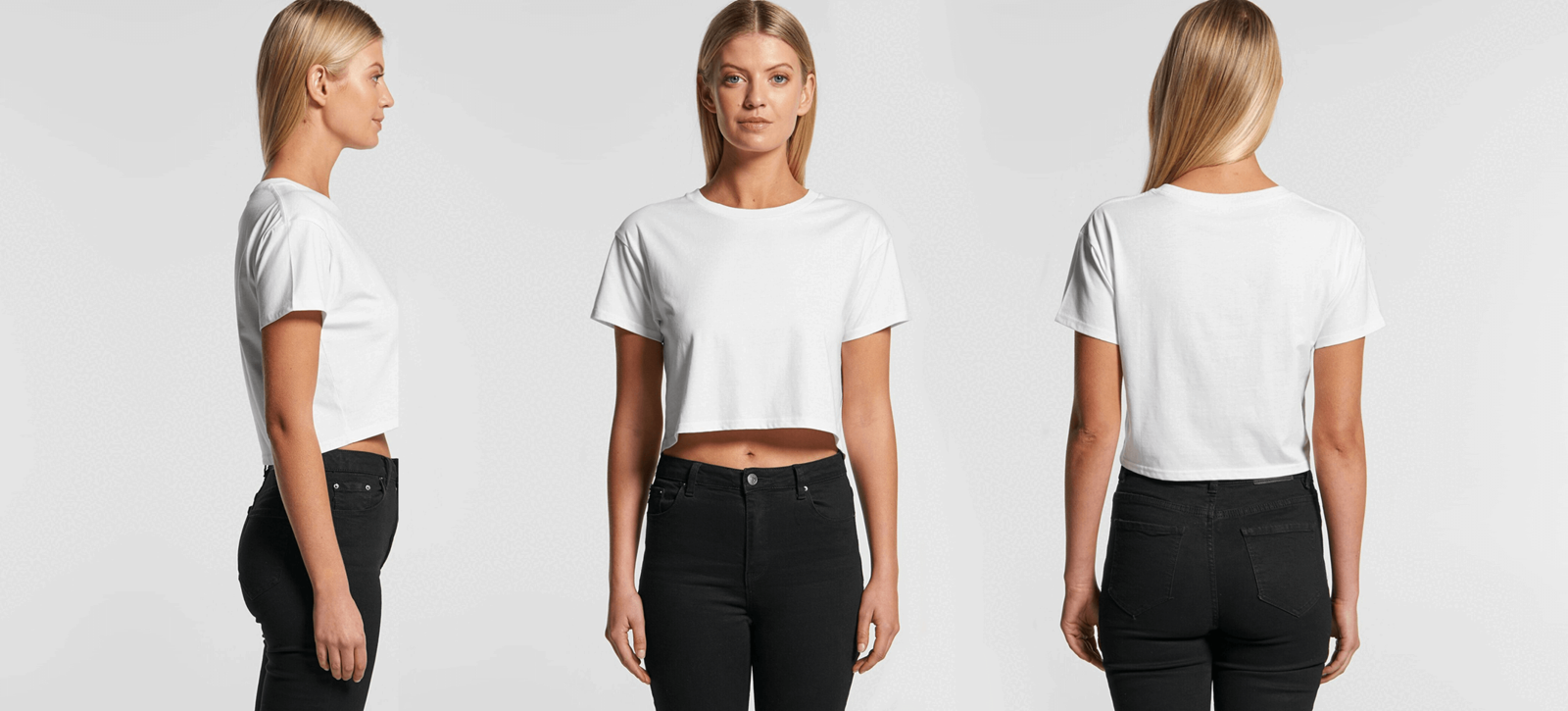 Young woman with a 4062 crop tee by AS Colour in white on © 2021 funnydrinking.com in womens clothing