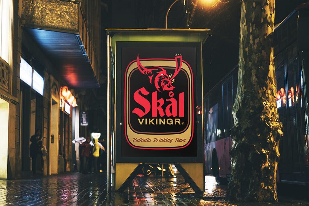 Ad screen billboard at night on a bus stop with SKÅL VIKINGR design by funnydrinking.com