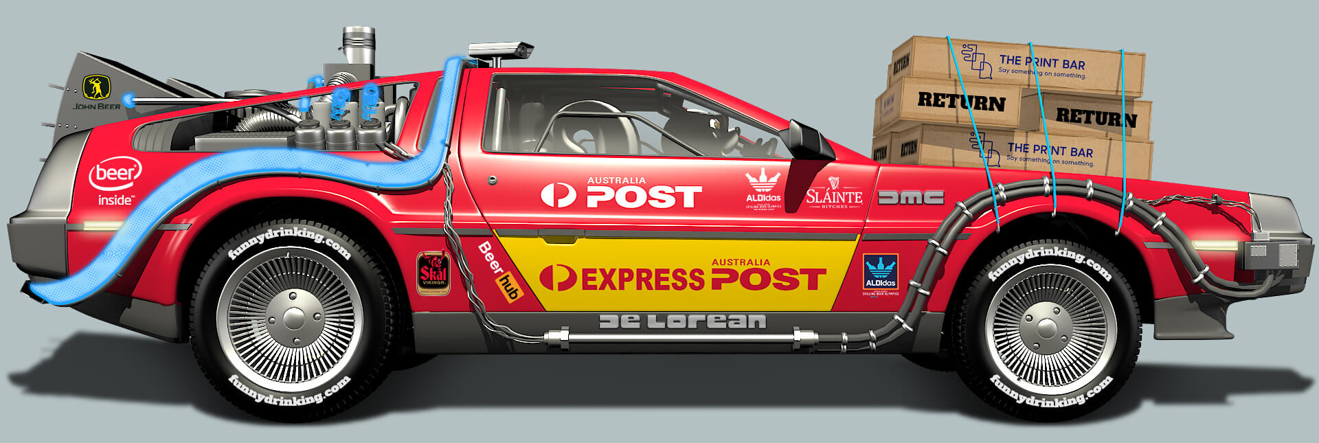 Returns header with DeLorean DMC with AUSTRALIA POST layer and Drunk Skunk design by © 2021 funnydrinking.com