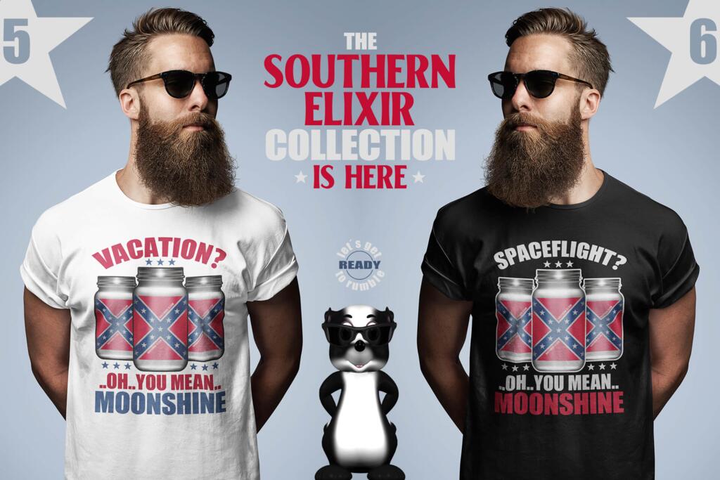 Southern elixir collection with OH YOU MEAN MOONSHINE VACATION and SPACEFLIGHT design by © 2021 funnydrinking.com