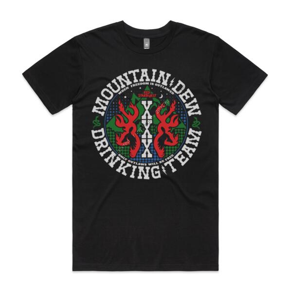 MOUNTAIN DEW DRINKING TEAM - RED STARBURST - OUTLAWS COLLECTION - MEN`S BLACK T-SHIRT - FRONT PRINT Thumbnail