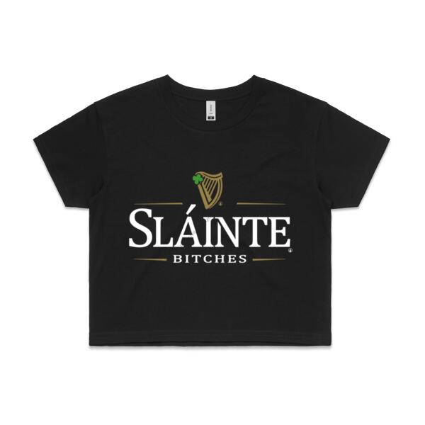 SLÁINTE BITCHES - WHITE - WOMEN`S BLACK CROP TOP - FRONT PRINT Thumbnail