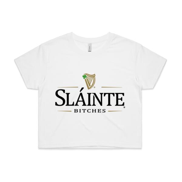 SLÁINTE BITCHES - BLACK - WOMEN`S WHITE CROP TOP - FRONT PRINT Thumbnail