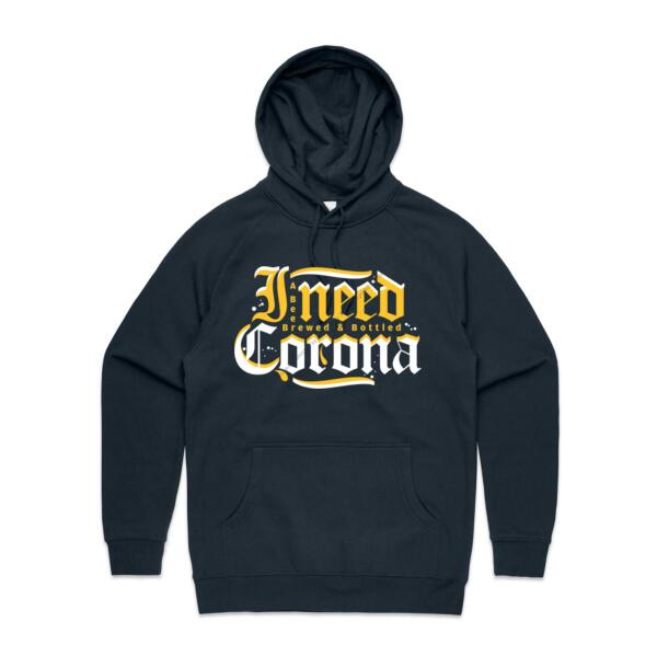 I NEED CORONA - MEN`S NAVY HOODIE - FRONT PRINT Thumbnail