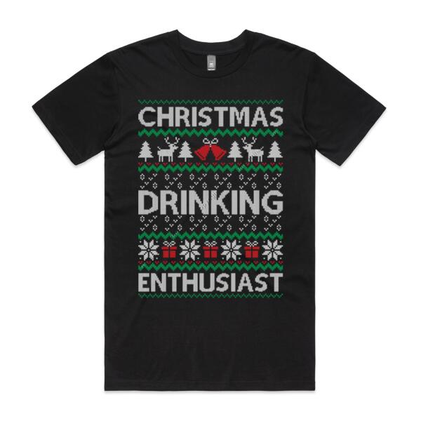 CHRISTMAS DRINKING ENTHUSIAST - UGLY CHRISTMAS COLLECTION - MEN`S BLACK T-SHIRT - FRONT PRINT Thumbnail