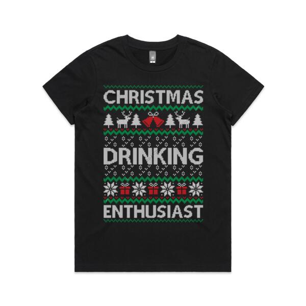 CHRISTMAS DRINKING ENTHUSIAST - UGLY CHRISTMAS COLLECTION - WOMEN`S BLACK T-SHIRT - FRONT PRINT Thumbnail