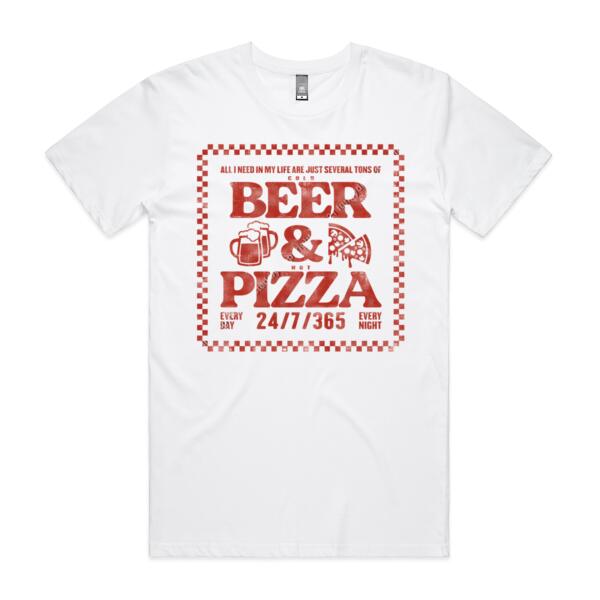 BEER AND PIZZA - MEN`S WHITE T-SHIRT - FRONT PRINT Thumbnail